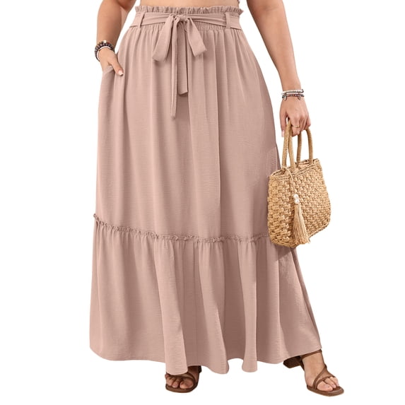 Cueply Women's Plus Size Casual High Waist Tie Front Long Skirts with Pockets Flowy Summer Pleated Tiered Elastic Skirt