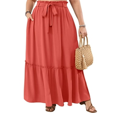 Cueply Women's Plus Size Casual High Waist Tie Front Long Skirts with Pockets Flowy Summer Pleated Tiered Elastic Skirt