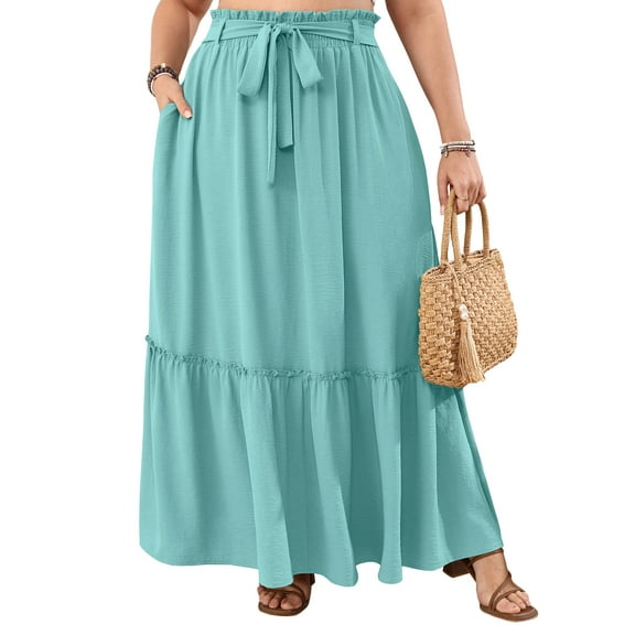 Cueply Women's Plus Size Casual High Waist Tie Front Long Skirts with Pockets Flowy Summer Pleated Tiered Elastic Skirt