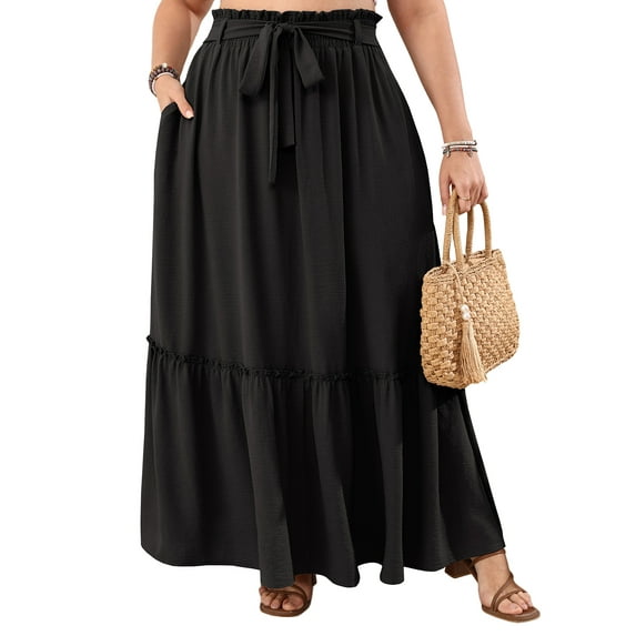Cueply Women's Plus Size Casual High Waist Tie Front Long Skirts with Pockets Flowy Summer Pleated Tiered Maxi Elastic Skirt