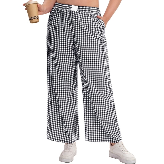 Cueply Women's Plus Size Cotton Woven Plaid Wide Leg Pants with Pockets Elastic Waist Casual Lounge Pants