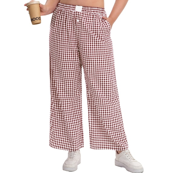 Cueply Women's Plus Size Cotton Woven Plaid Wide Leg Pants with Pockets Elastic Waist Casual Lounge Pants