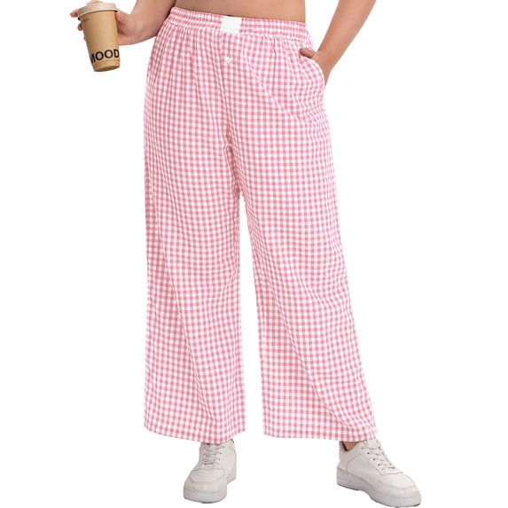 Cueply Women's Plus Size Cotton Woven Plaid Wide Leg Pants with Pockets Elastic Waist Casual Lounge Pants