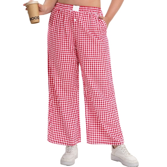 Cueply Women's Plus Size Cotton Woven Plaid Wide Leg Pants with Pockets Elastic Waist Casual Lounge Pants