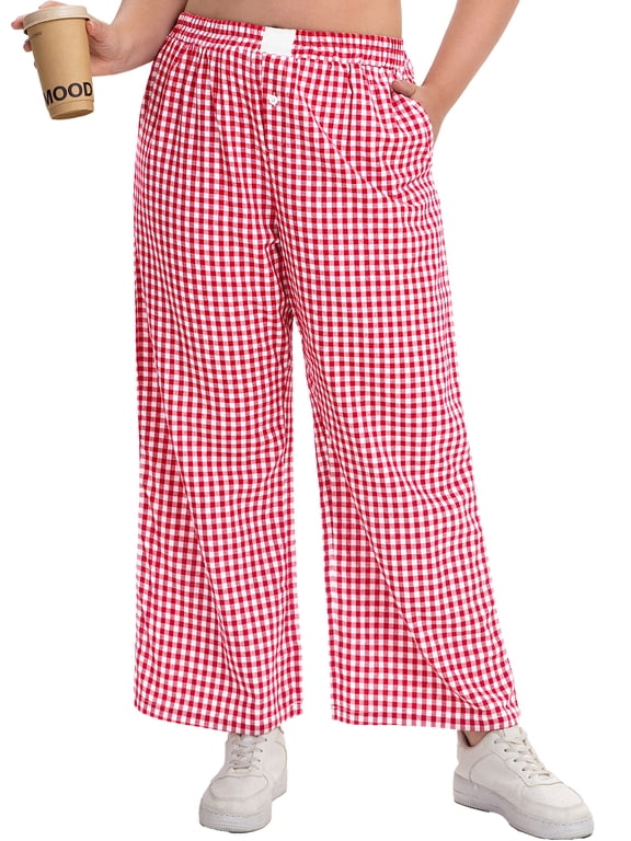 Women's Plus Size Cotton Woven Plaid Wide Leg Pants with Pockets Elastic Waist Casual Lounge Pants