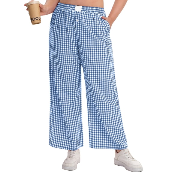 Cueply Women's Plus Size Cotton Woven Plaid Wide Leg Pants with Pockets Elastic Waist Casual Lounge Pants