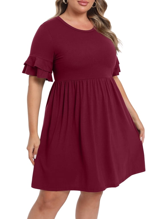 Women's Plus Size Dress Casual Summer Short Sleeve Crew Neck Loose Midi Dresses T-Shirt Swing Dress