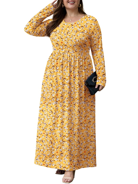 Women's Plus Size Maxi Dress Long Sleeve Crew Neck Empire Waist Casual Flowy Long Dresses for Women