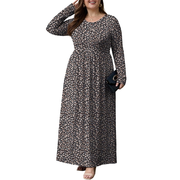 Cueply Women's Plus Size Maxi Dress Long Sleeve Crew Neck Empire Waist Casual Flowy Long Dresses for Women