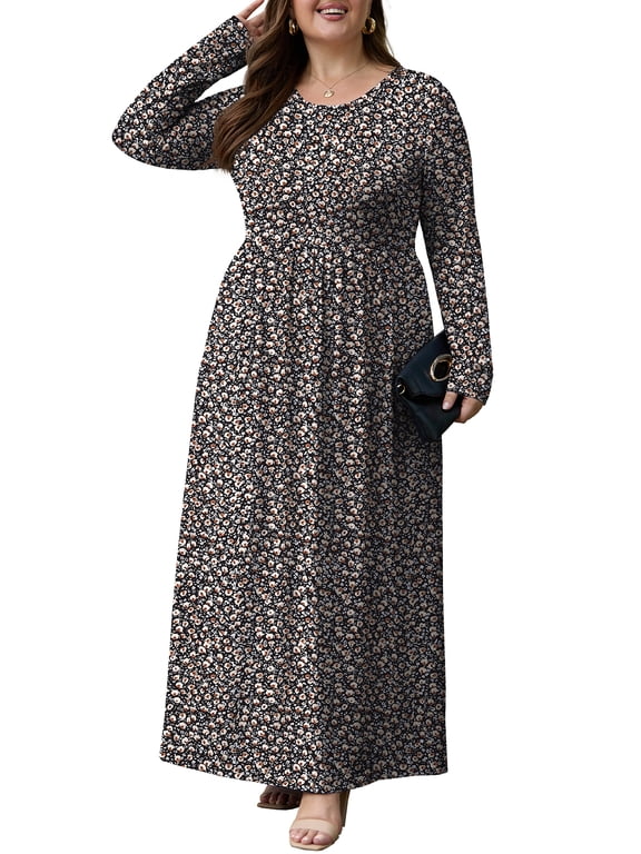 Women's Plus Size Maxi Dress Long Sleeve Crew Neck Empire Waist Casual Flowy Long Dresses for Women