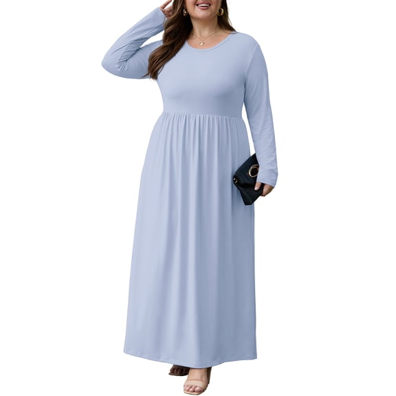 Cueply Women's Plus Size Maxi Dress Long Sleeve Crew Neck Empire Waist Casual Flowy Long Dresses for Women