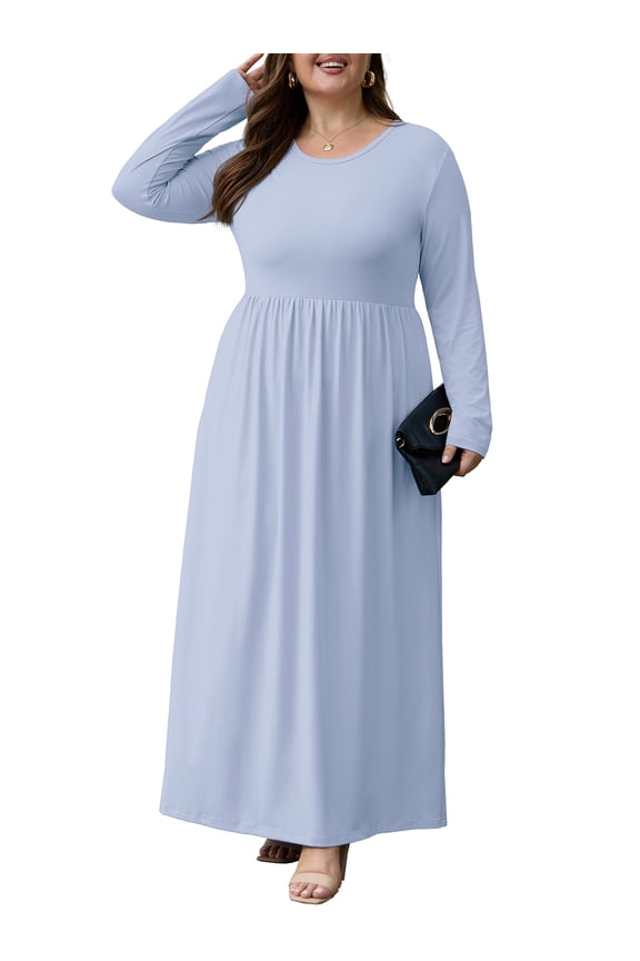 Women's Plus Size Maxi Dress Long Sleeve Crew Neck Empire Waist Casual Flowy Long Dresses for Women
