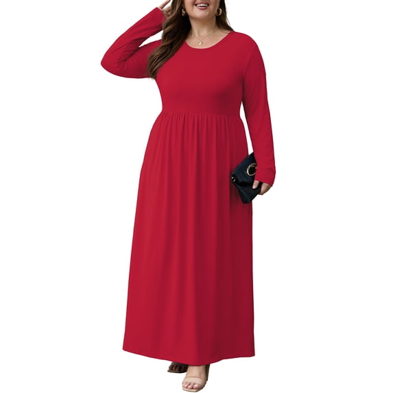Cueply Women's Plus Size Maxi Dress Long Sleeve Crew Neck Empire Waist Casual Flowy Long Dresses for Women
