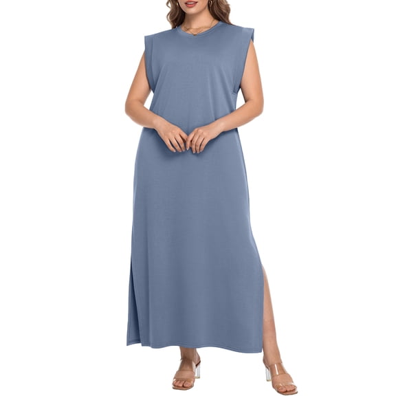 Cueply Women's Plus Size Maxi Dresses Casual Split Long Sleeveless Dress for Women with Pockets