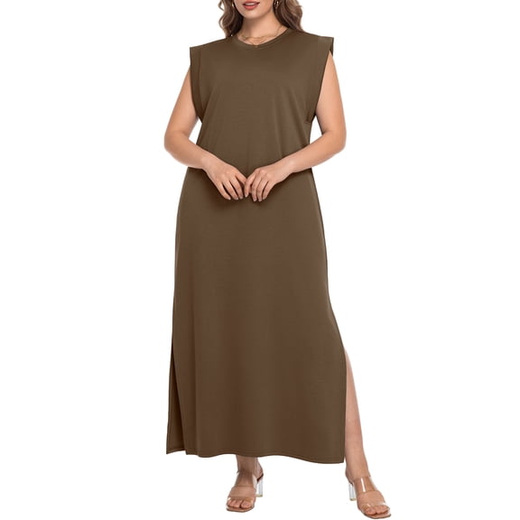 Cueply Women's Plus Size Maxi Dresses Casual Split Long Sleeveless Dress for Women with Pockets