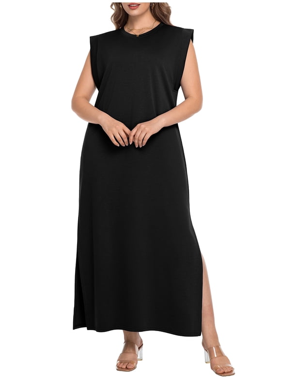 Women's Plus Size Maxi Dresses Casual Split Long Sleeveless Dress for Women with Pockets