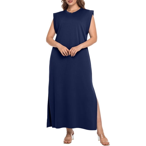Cueply Women's Plus Size Maxi Dresses Casual Split Long Sleeveless Dress for Women with Pockets