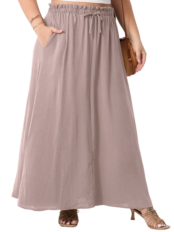 Women's Plus Size Maxi Skirt Elastic Tie Front Long A-line Flowy High Waist DrawstringSkirts with Pockets for Women