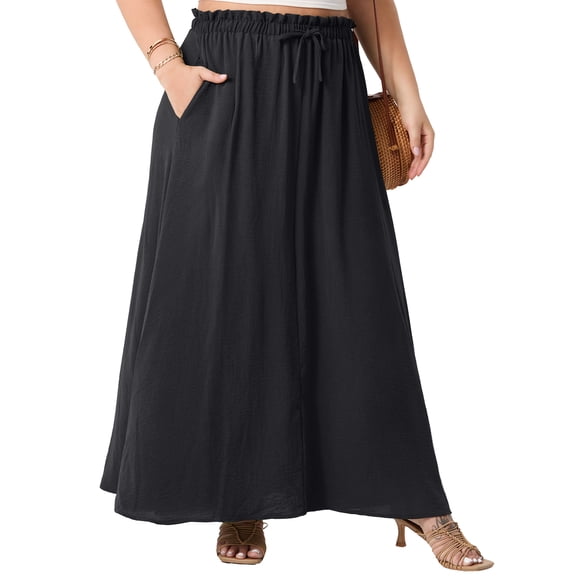 Cueply Women's Plus Size Maxi Skirt Elastic Tie Front Long A-line Flowy High Waist DrawstringSkirts with Pockets for Women