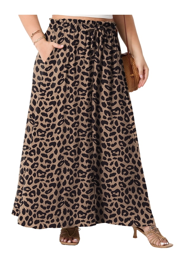 Women's Plus Size Maxi Skirt Elastic Tie Front Long A-line Flowy High Waist DrawstringSkirts with Pockets for Women