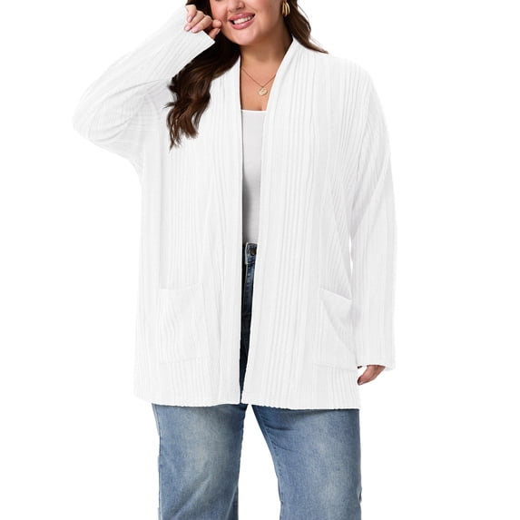 Cueply Women's Plus Size Open Front Cardigan Long Sleeve Ribbed Knit Lightweight Sweater Casual Outerwear with Pockets 1X-4X