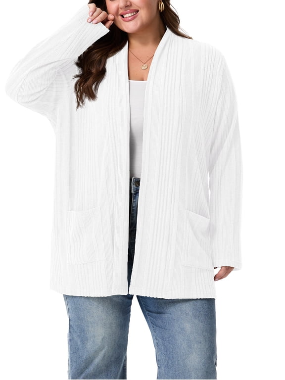 Women's Plus Size Open Front Cardigan Long Sleeve Ribbed Knit Lightweight Sweater Casual Outerwear with Pockets 1X-4X