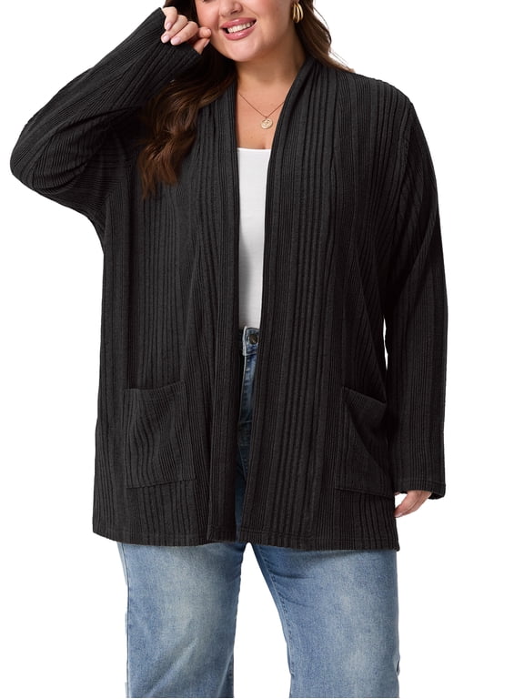 Women's Plus Size Open Front Cardigan Long Sleeve Ribbed Knit Lightweight Sweater Casual Outerwear with Pockets 1X-4X