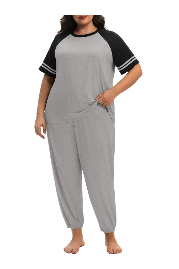 Women’s Plus Size Pajama Set 2 Piece Short Sleeve Lounge Top and Elastic Waist Jogger Pants Soft Sleepwear