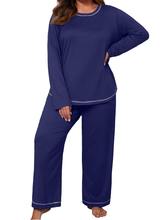 Women's Plus Size Pajama Set Long Sleeve Pjs Long Pants Sleepwear Two Piece Loungewear with Pockets