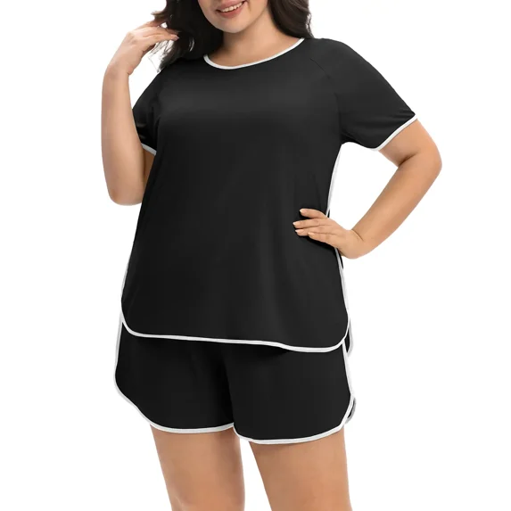 Cueply Women’s Plus Size Pajama Set Short Sleeve Sleepwear Loungewear 2 Piece Soft Top & Drawstring Shorts with Pockets
