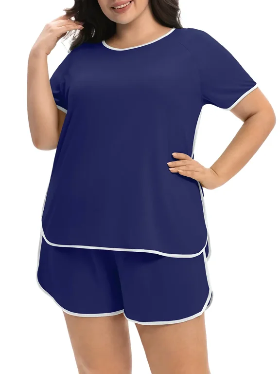 Women’s Plus Size Pajama Set Short Sleeve Sleepwear Loungewear 2 Piece Soft Top & Drawstring Shorts with Pockets