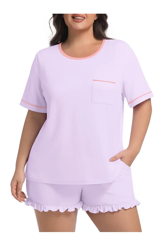 Women’s Plus Size Pajama Set Short Sleeve Top & Ruffle Shorts 2-Piece Sleepwear Soft Stretchy Loungewear with Elastic Waist