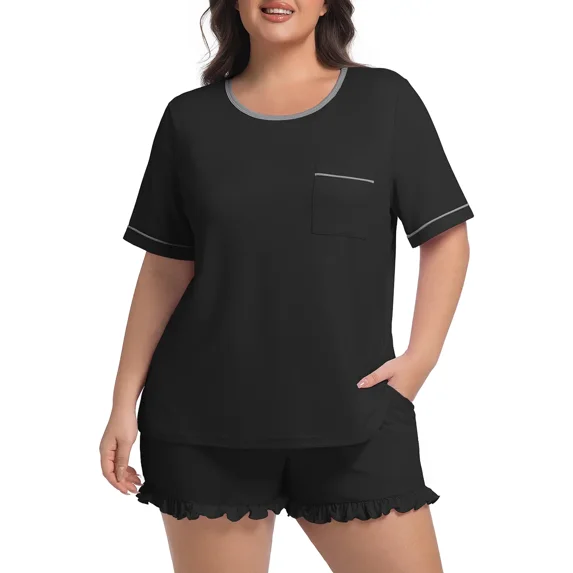 Cueply Women’s Plus Size Pajama Set Short Sleeve Top & Ruffle Shorts 2-Piece Sleepwear Soft Stretchy Loungewear with Elastic Waist