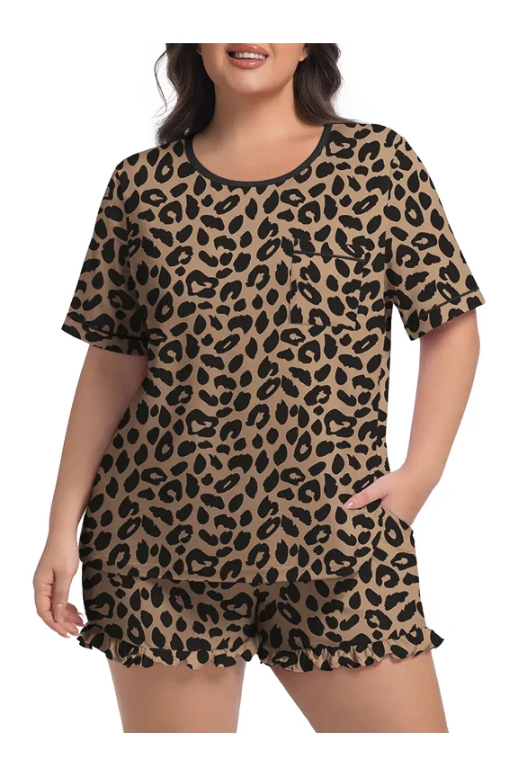 Women’s Plus Size Pajama Set Short Sleeve Top & Ruffle Shorts 2-Piece Sleepwear Soft Stretchy Loungewear with Elastic Waist