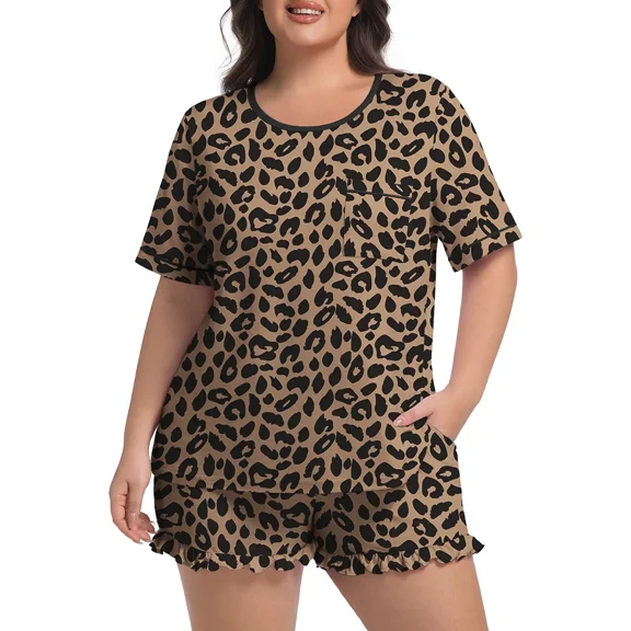 Cueply Women’s Plus Size Pajama Set Short Sleeve Top & Ruffle Shorts 2-Piece Sleepwear Soft Stretchy Loungewear with Elastic Waist