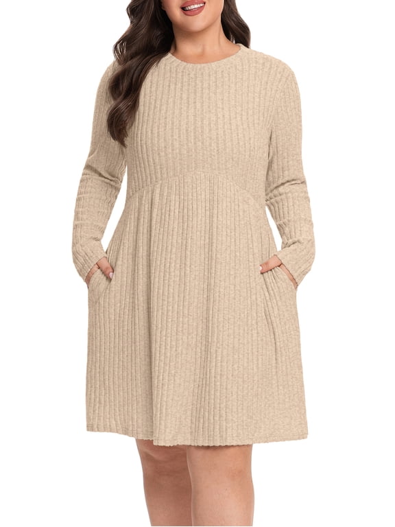 Women's Plus Size Ribbed Knit Dress Long Sleeve Crew Neck Empire Waist Casual A-Line Dress with Pockets