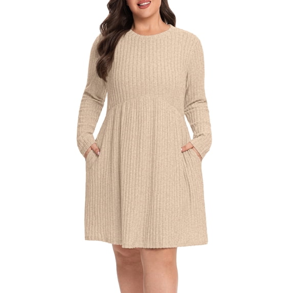 Cueply Women's Plus Size Ribbed Knit Dress Long Sleeve Crew Neck Empire Waist Casual A-Line Dress with Pockets