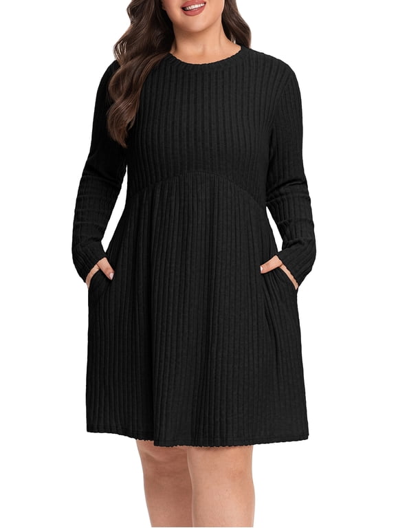 Women's Plus Size Ribbed Knit Dress Long Sleeve Crew Neck Empire Waist Casual A-Line Dress with Pockets
