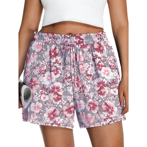 Cueply Women's Plus Size Shorts Casual Elastic Waist Ruffle Belted Shorts Adjustable Tie Knot Short for Women with Pockets
