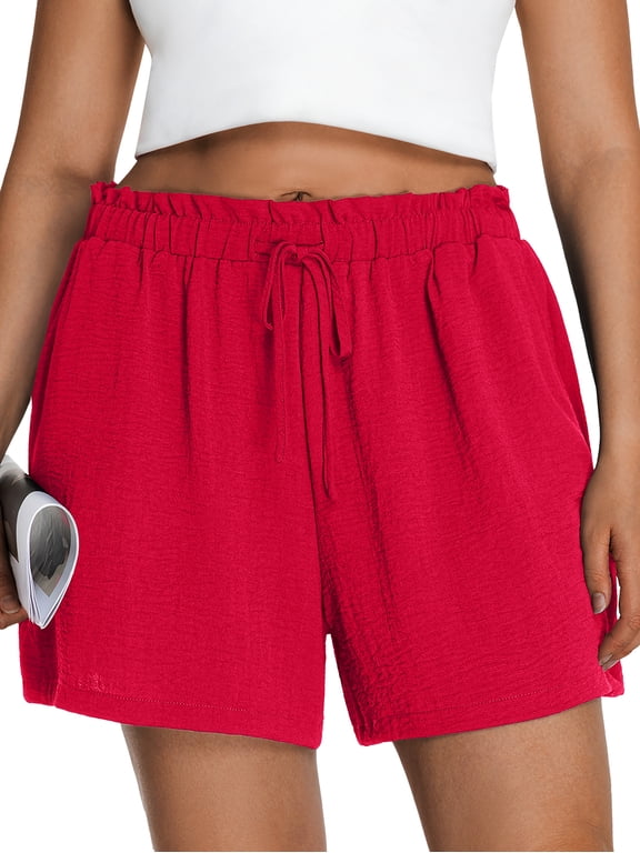 Women's Plus Size Shorts Casual Elastic Waist Ruffle Belted Shorts Adjustable Tie Knot Short for Women with Pockets