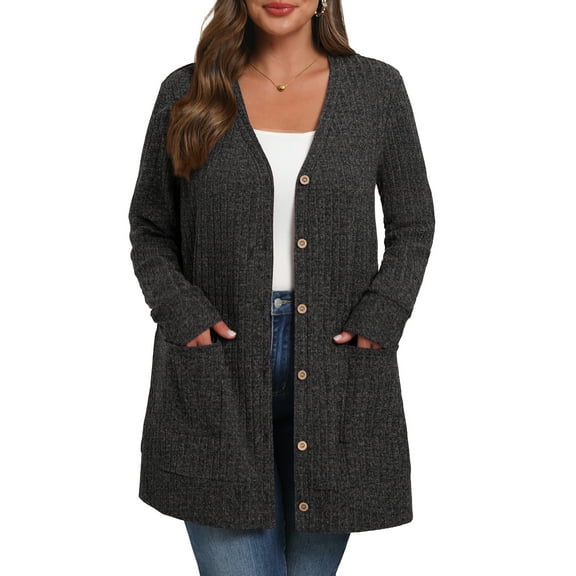 Cueply Women's Plus Size Sweater Long Sleeve Lightweight Cardigans Buttons Knited Casual Outwear Tops with Pockets 1X-4X