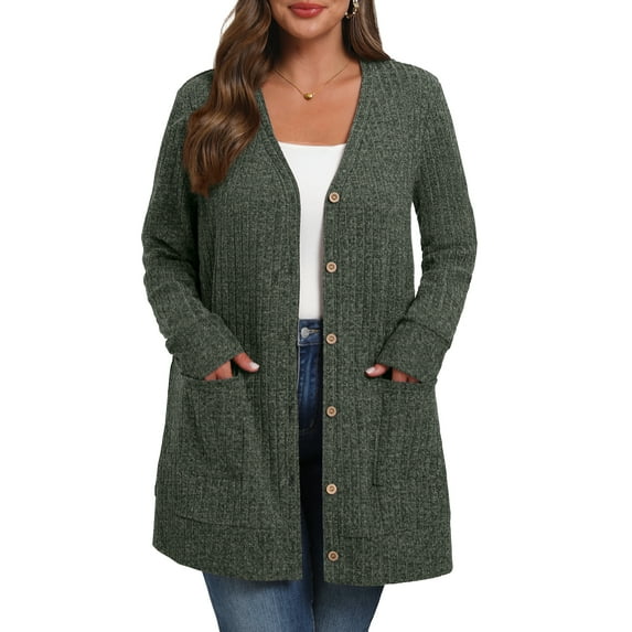 Cueply Women's Plus Size Sweater Long Sleeve Lightweight Cardigans Buttons Knited Casual Outwear Tops with Pockets 1X-4X