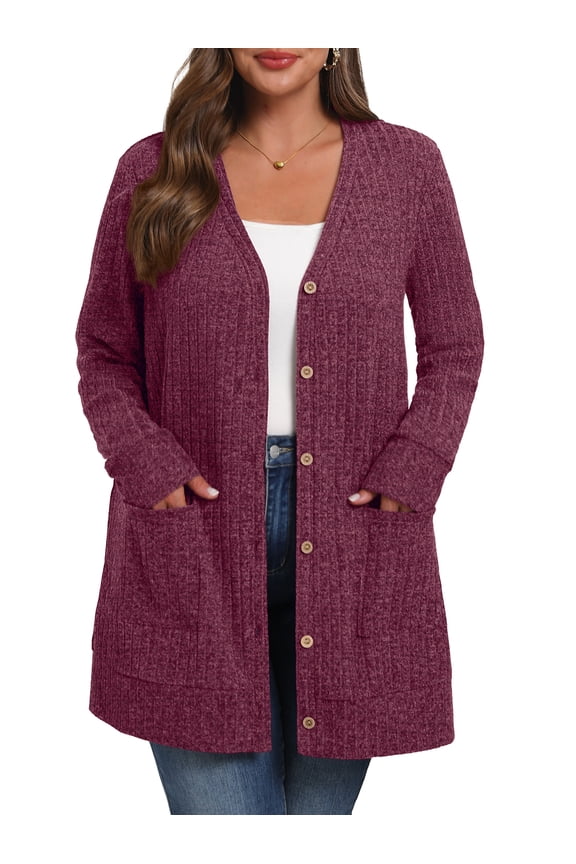 Women's Plus Size Sweater Long Sleeve Lightweight Cardigans Buttons Knited Casual Outwear Tops with Pockets 1X-4X