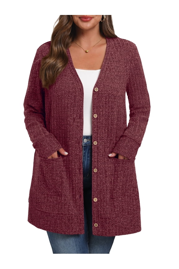Women's Plus Size Sweater Long Sleeve Lightweight Cardigans Buttons Knited Casual Outwear Tops with Pockets 1X-4X
