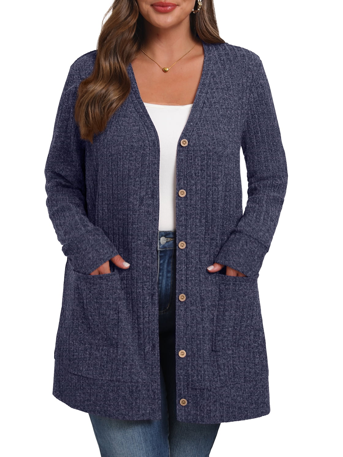 Cueply Women s Plus Size Sweater Long Sleeve Lightweight Cardigans Buttons Knited Casual Outwear Tops with Pockets 1X 4X