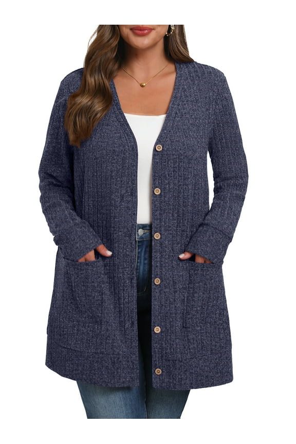 Women's Plus Size Sweater Long Sleeve Lightweight Cardigans Buttons Knited Casual Outwear Tops with Pockets 1X-4X