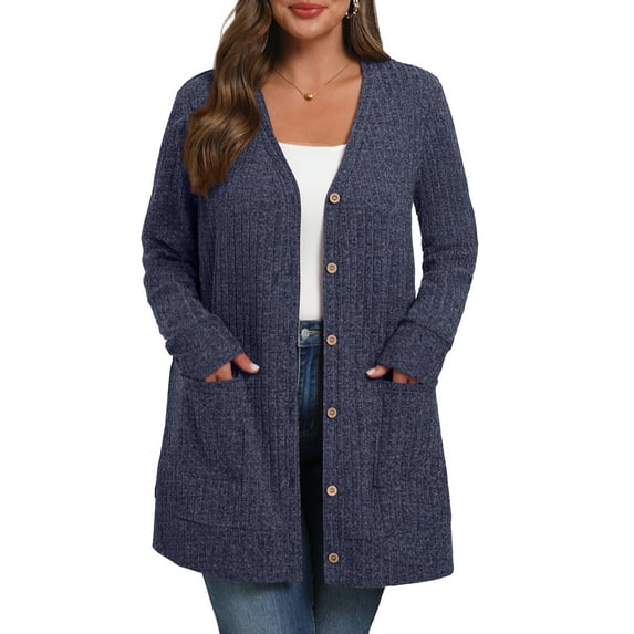 Cueply Women's Plus Size Sweater Long Sleeve Lightweight Cardigans Buttons Knited Casual Outwear Tops with Pockets 1X-4X