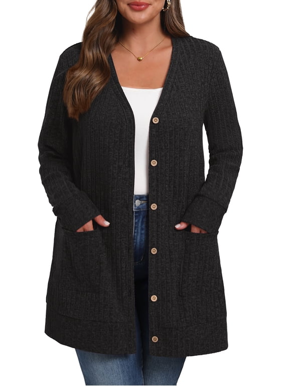 Women's Plus Size Sweater Long Sleeve Lightweight Cardigans Buttons Knited Casual Outwear Tops with Pockets 1X-4X
