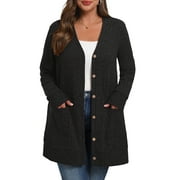 CUEPLY Women's Plus Size Sweater Long Sleeve Lightweight Cardigans Buttons Knited Casual Outwear Tops with Pockets 1X-4X