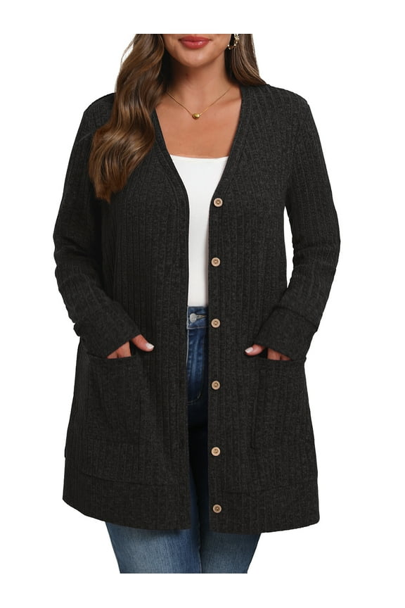 Women's Plus Size Sweater Long Sleeve Lightweight Cardigans Buttons Knited Casual Outwear Tops with Pockets 1X-4X